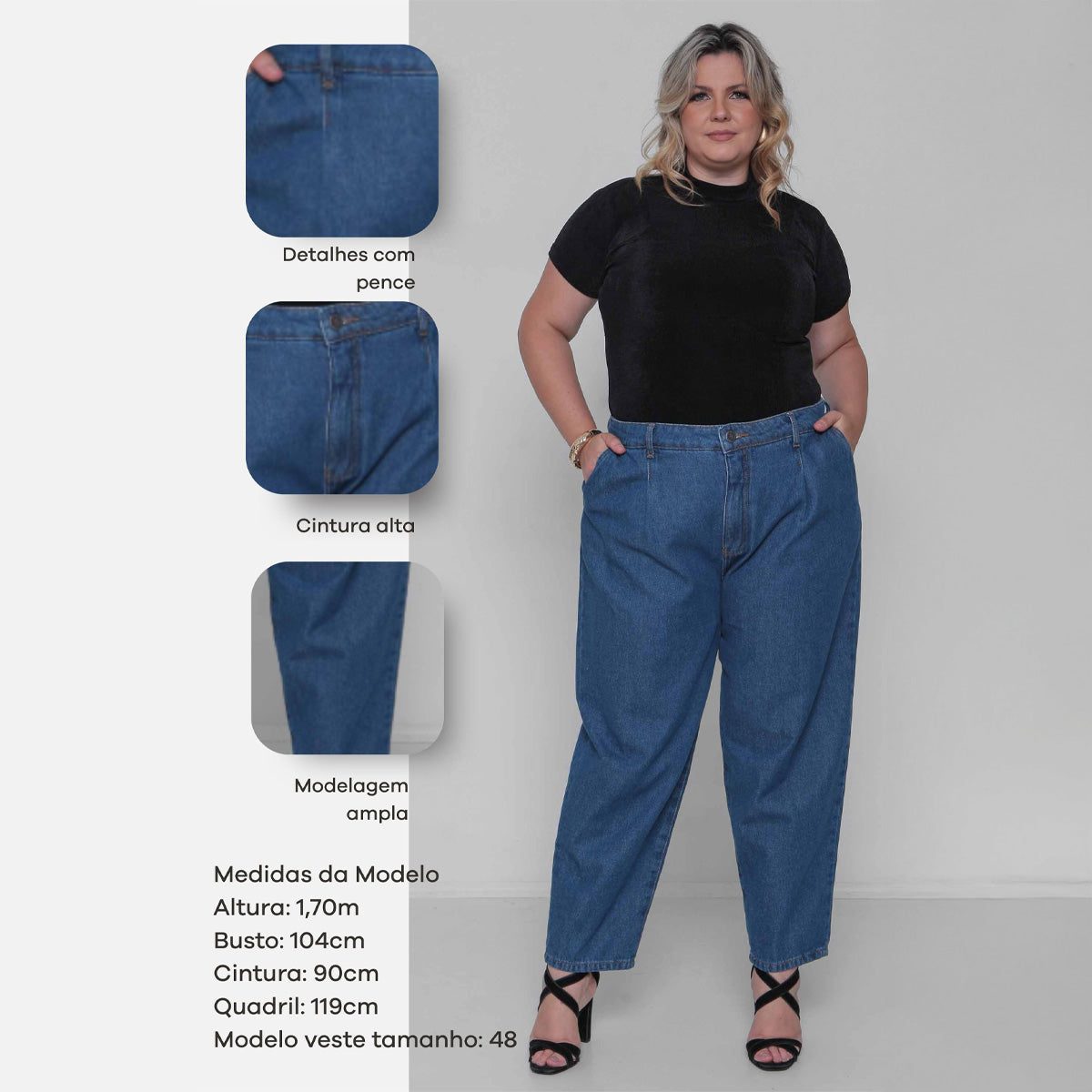 Calça Feminina Jeans Baggy com Pence Padrão a Plus sem Elastano