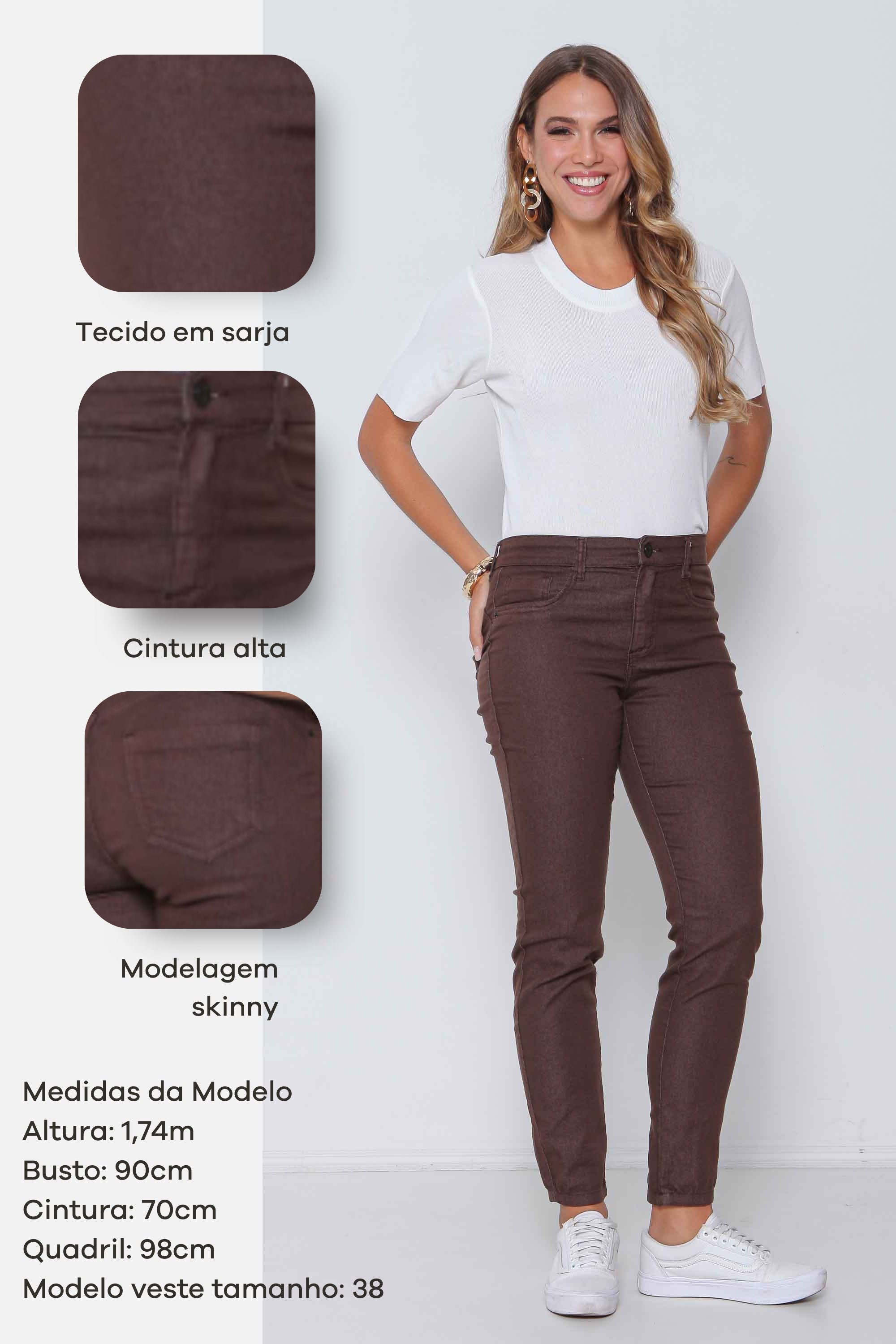 Calça Feminina Sarja Slim Marrom Escuro com Elastano