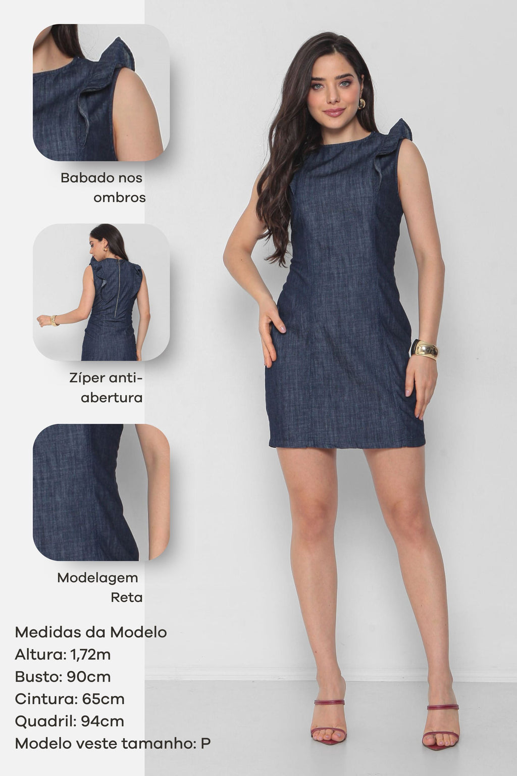 Vestido Jeans Reto sem Manga c/ Babado Ombro e Zíper Costas