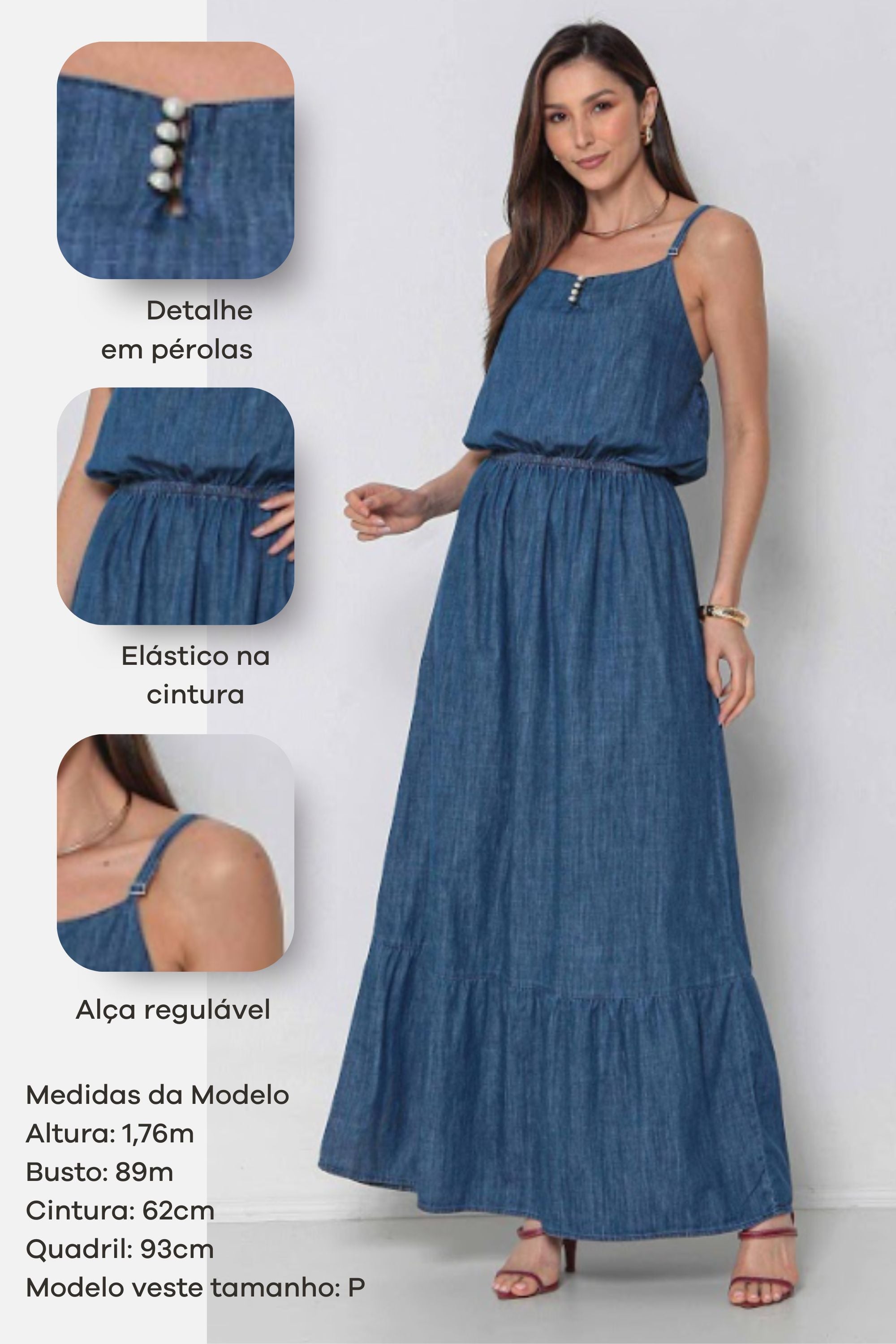Vestido Jeans Longo com Alça Regulável Sem Elastano