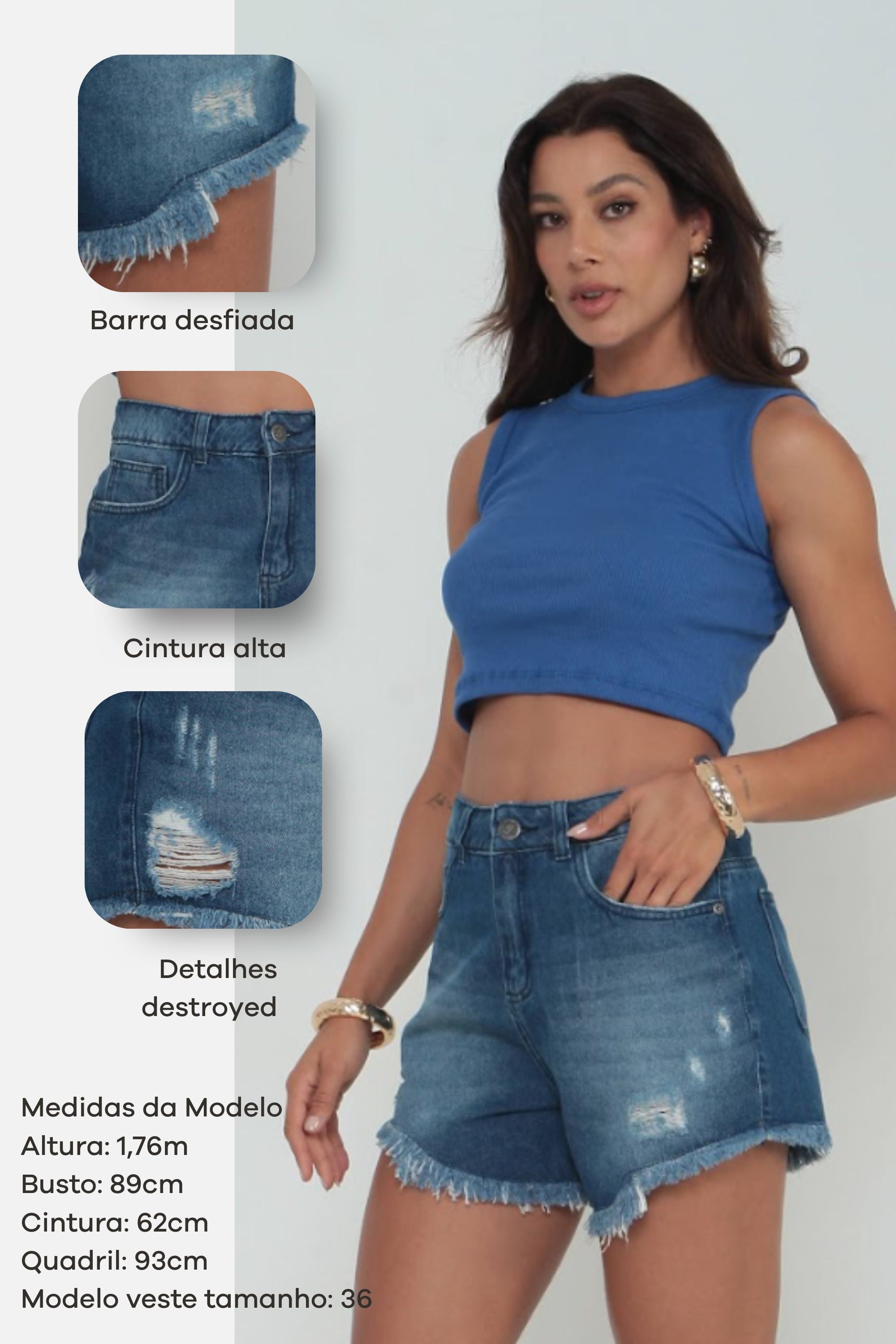 Short Feminino Jeans Mom Barra Desfiada com Rasgos Sem Elastano