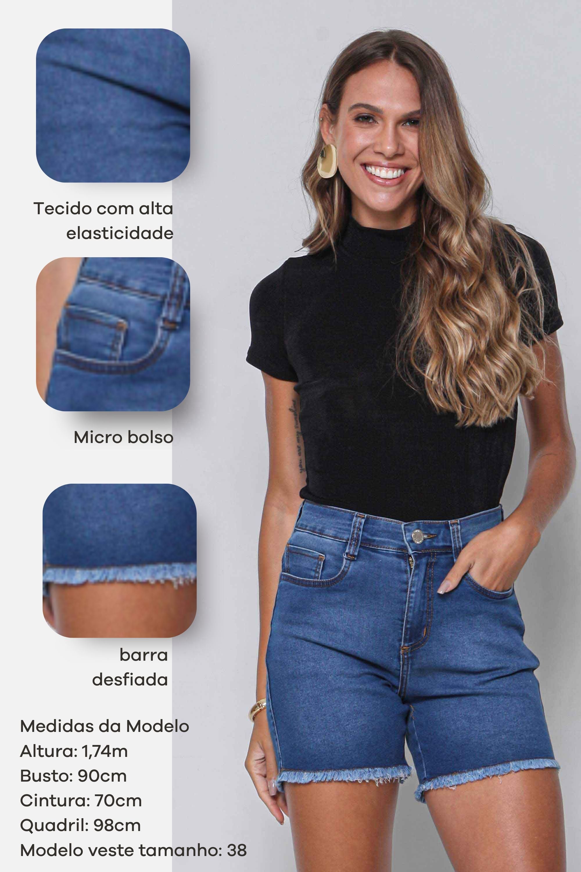 Bermuda Feminina Jeans Meia Coxa Barra Desfiada com Elastano