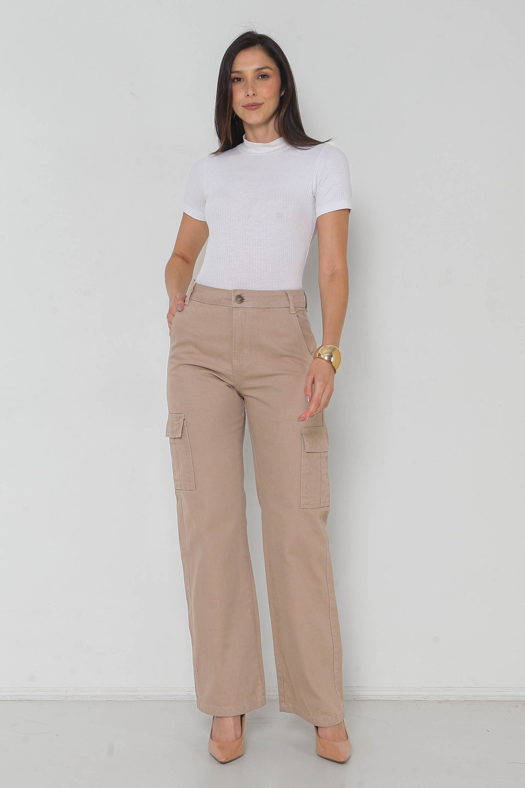 Calça Sarja Feminina Wide Leg Cargo Colorida