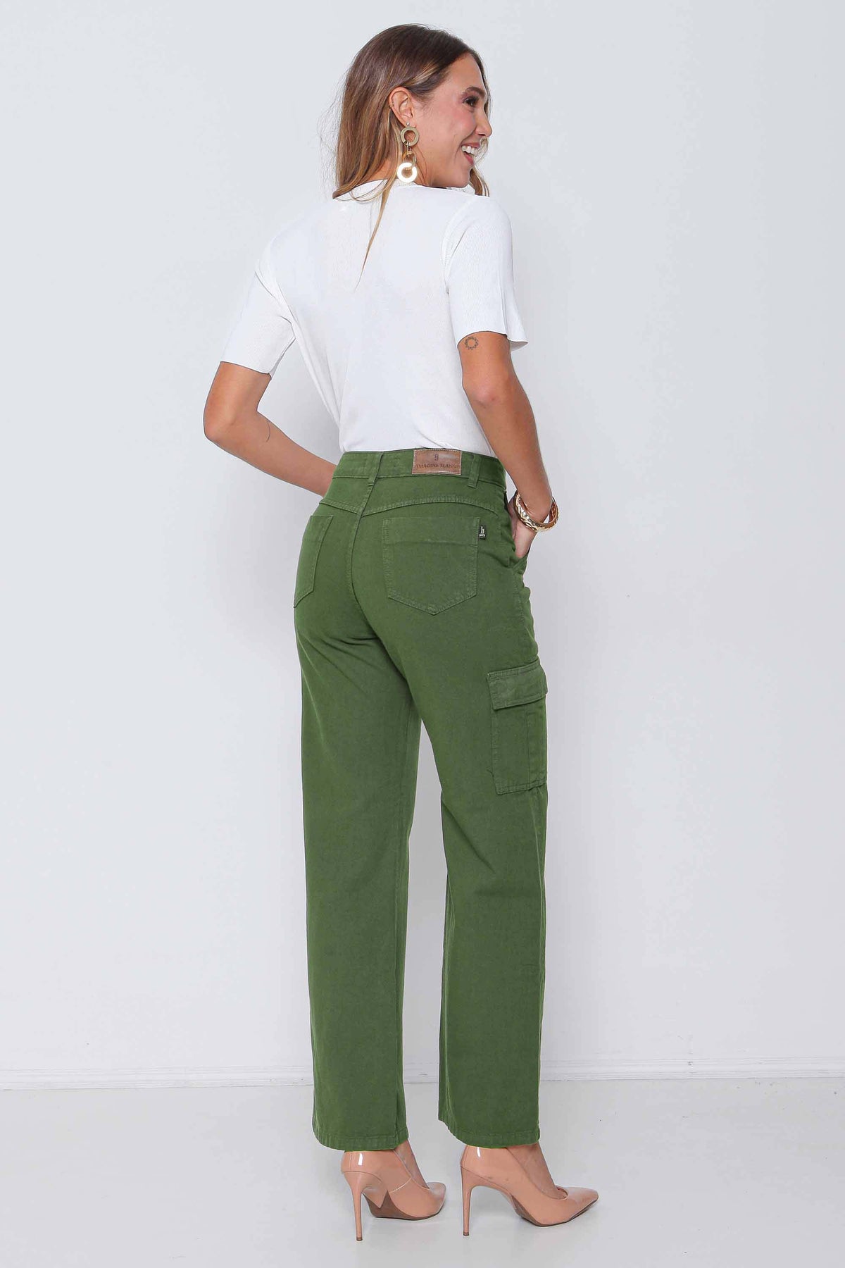 Calça Sarja Feminina Wide Leg Cargo Colorida