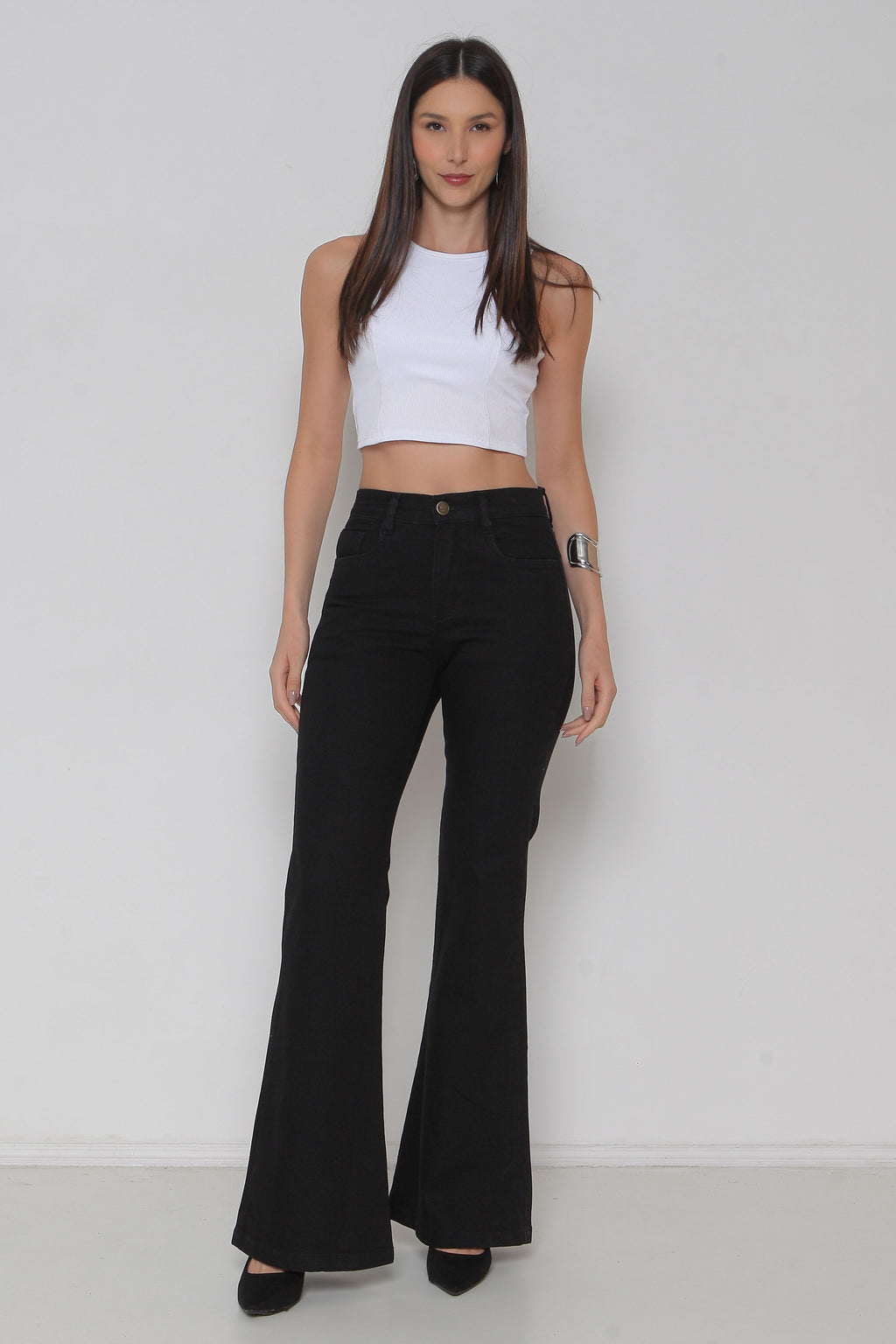 Calça Feminina Jeans Flare Preta com Lycra