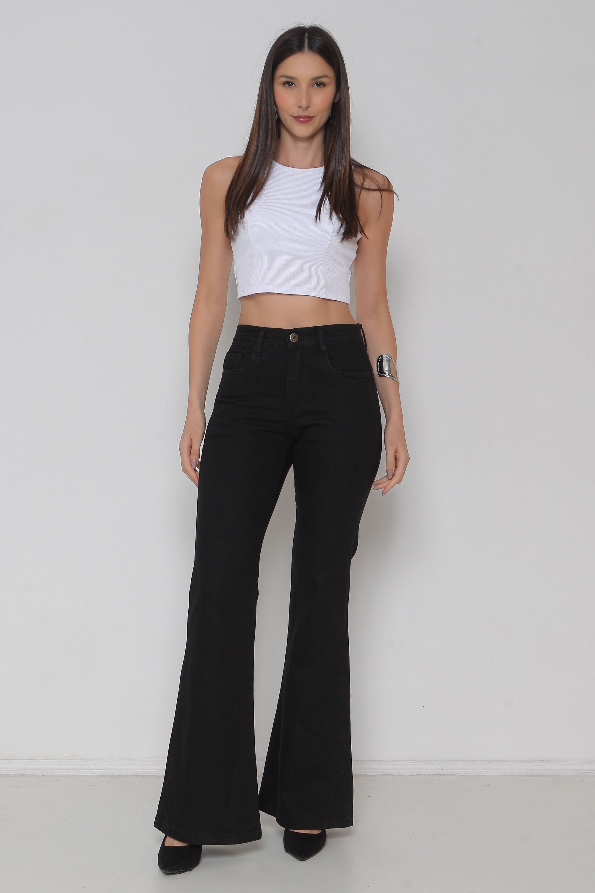 Calça Feminina Jeans Flare Preta com Lycra