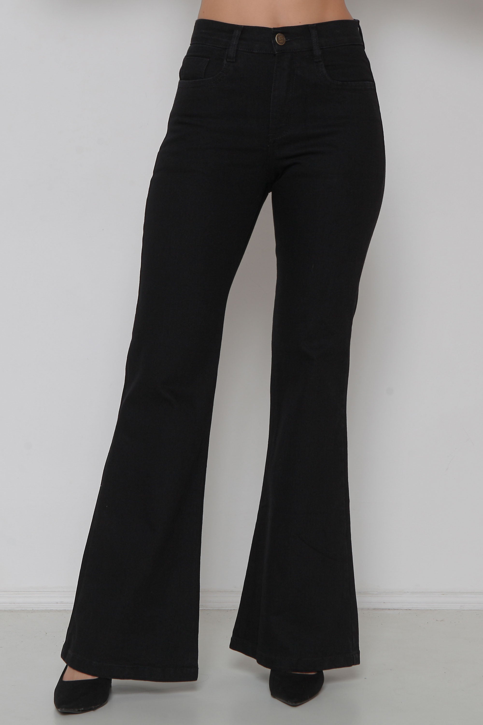 Calça Feminina Jeans Flare Preta com Lycra