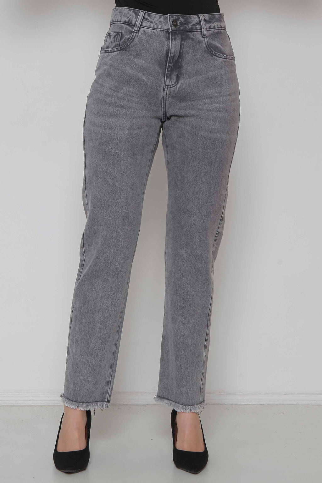 Calça Feminina Jeans Mom Barra Desfiada Cinza sem Elastano