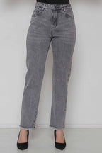 Calça Feminina Jeans Mom Barra Desfiada Cinza sem Elastano