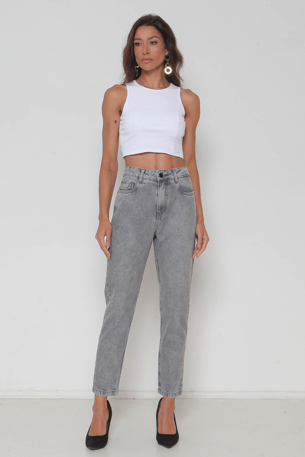 Calça Feminina Jeans Mom Cinza s/ Lycra