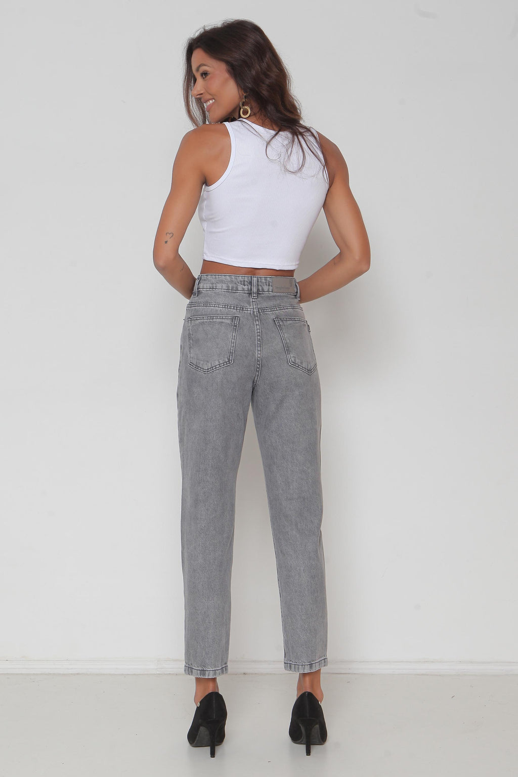 Calça Feminina Jeans Mom Cinza s/ Lycra
