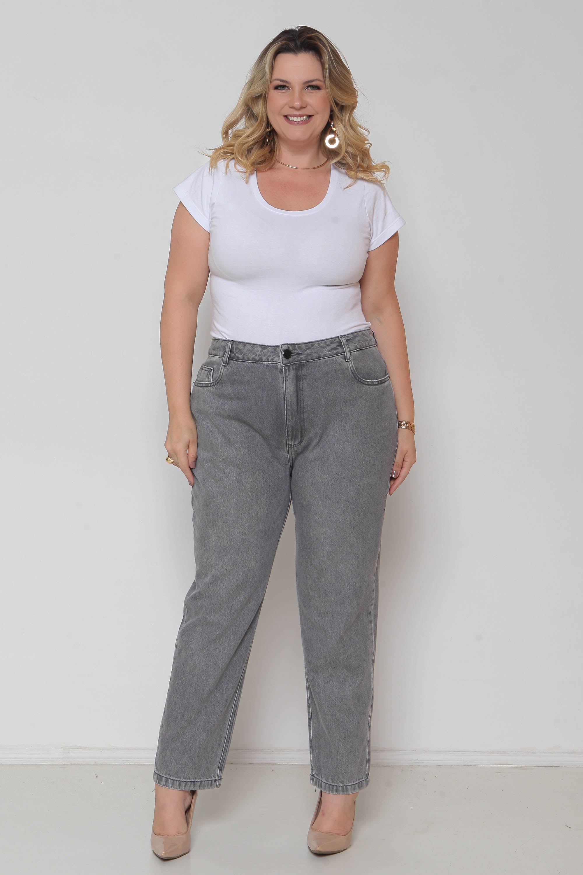 Calça Feminina Jeans Mom Cinza s/ Lycra