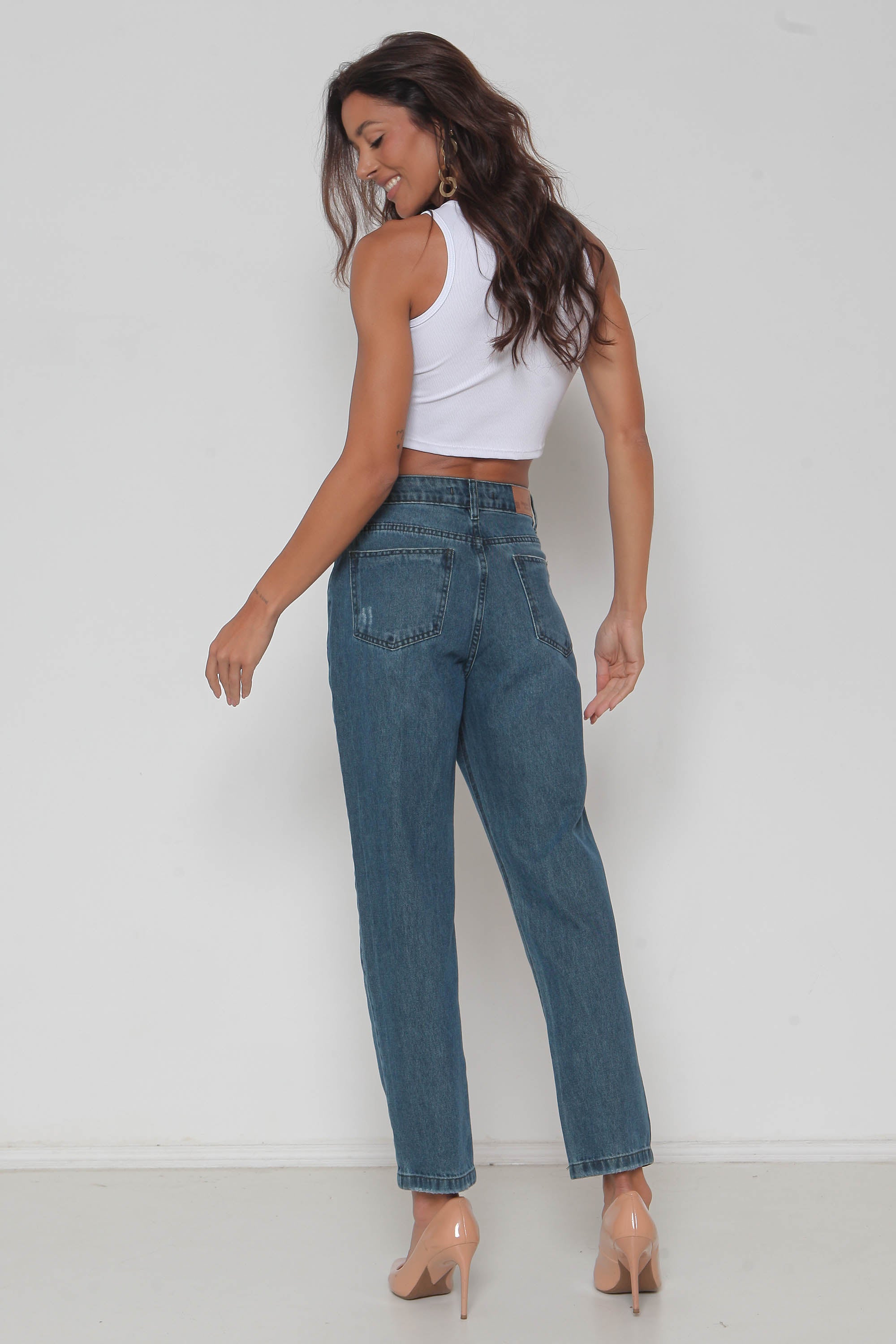 Calça Feminina Jeans Mom Puído s/ Lycra