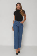 Calça Feminina Jeans Reta Lavagem Escura sem Elastano