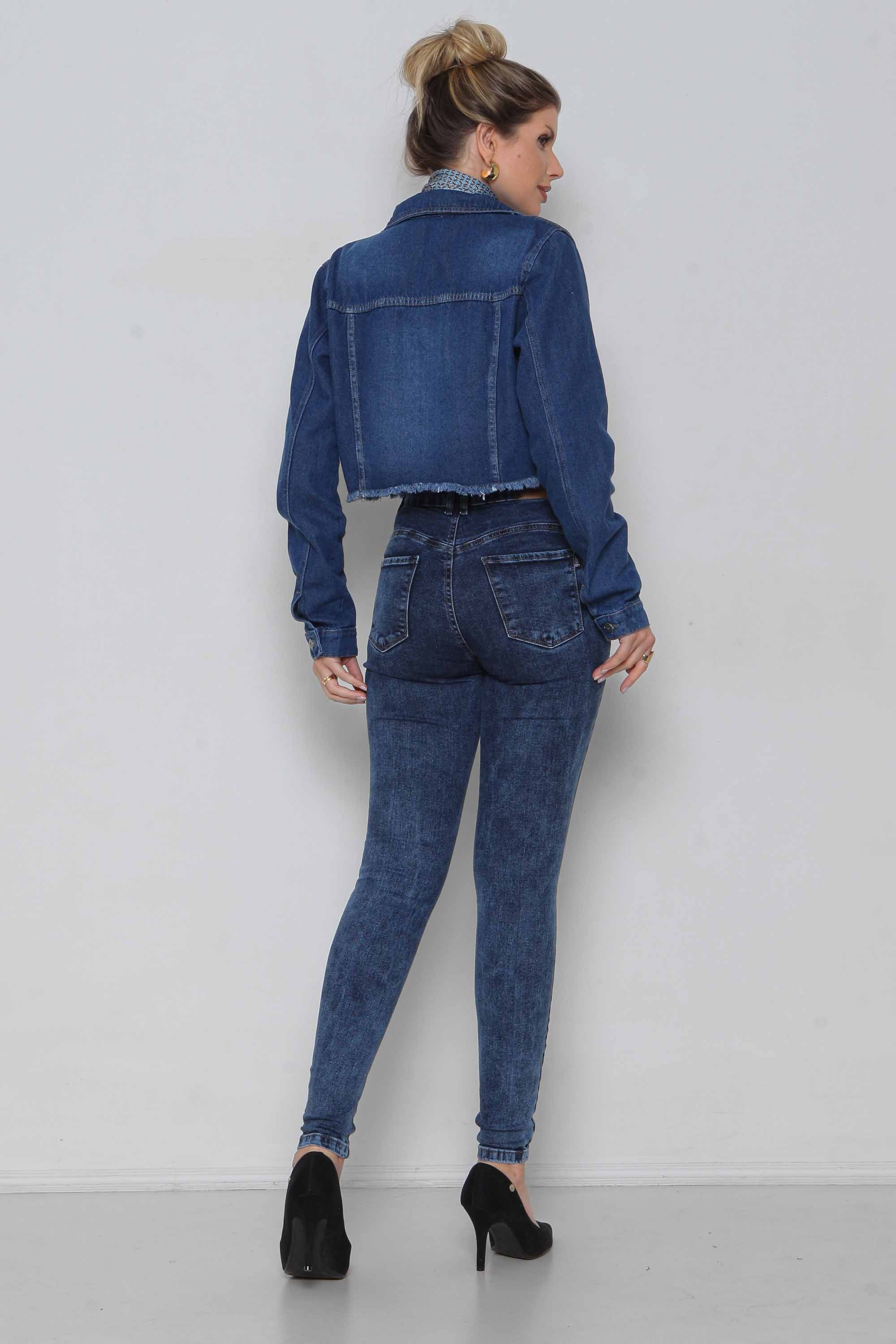 Calça Feminina Jeans Skinny Modeladora Marmorizada com Bolsos