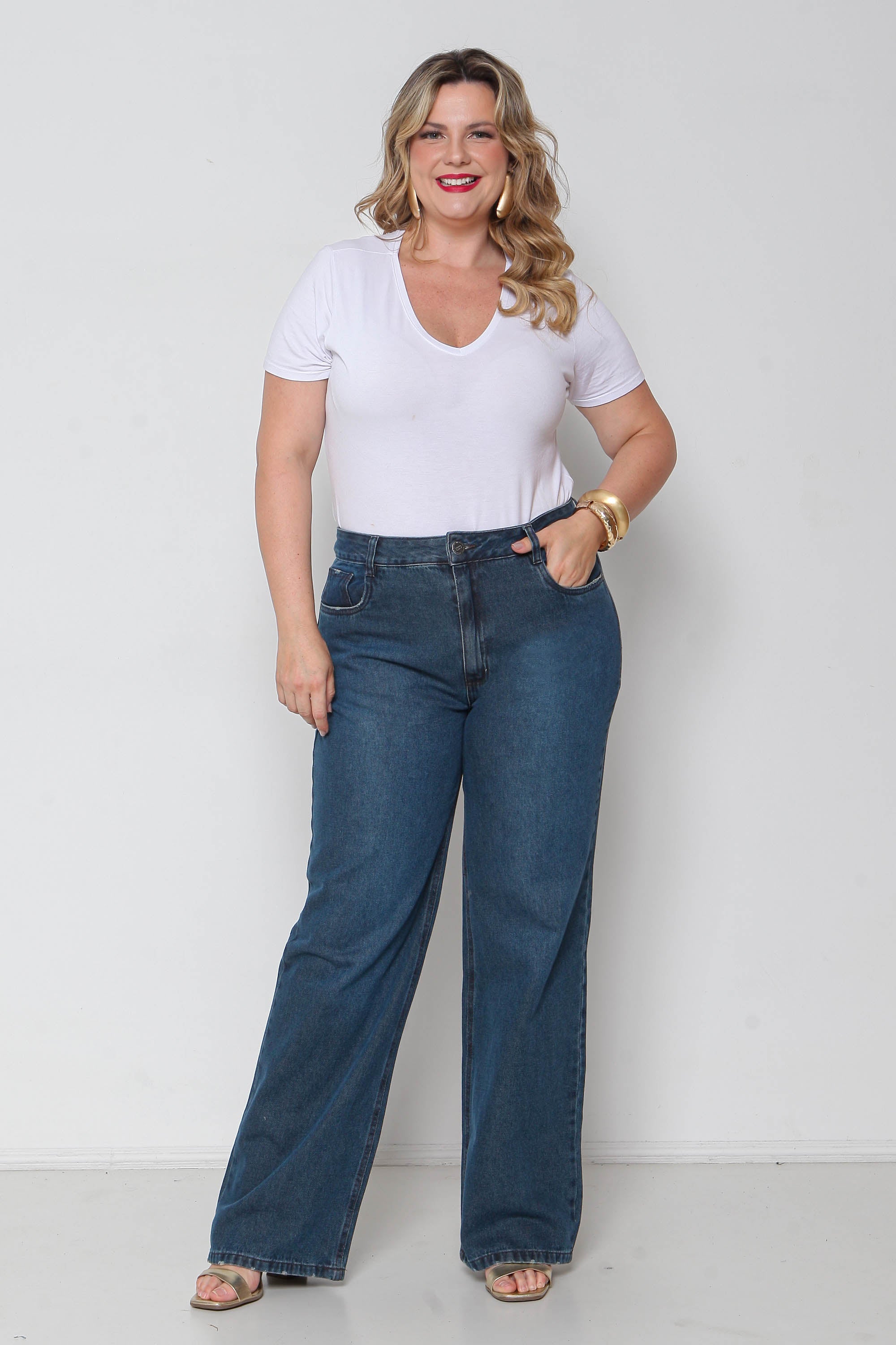 Calça Feminina Jeans Wide Leg Sequinha sem Lycra