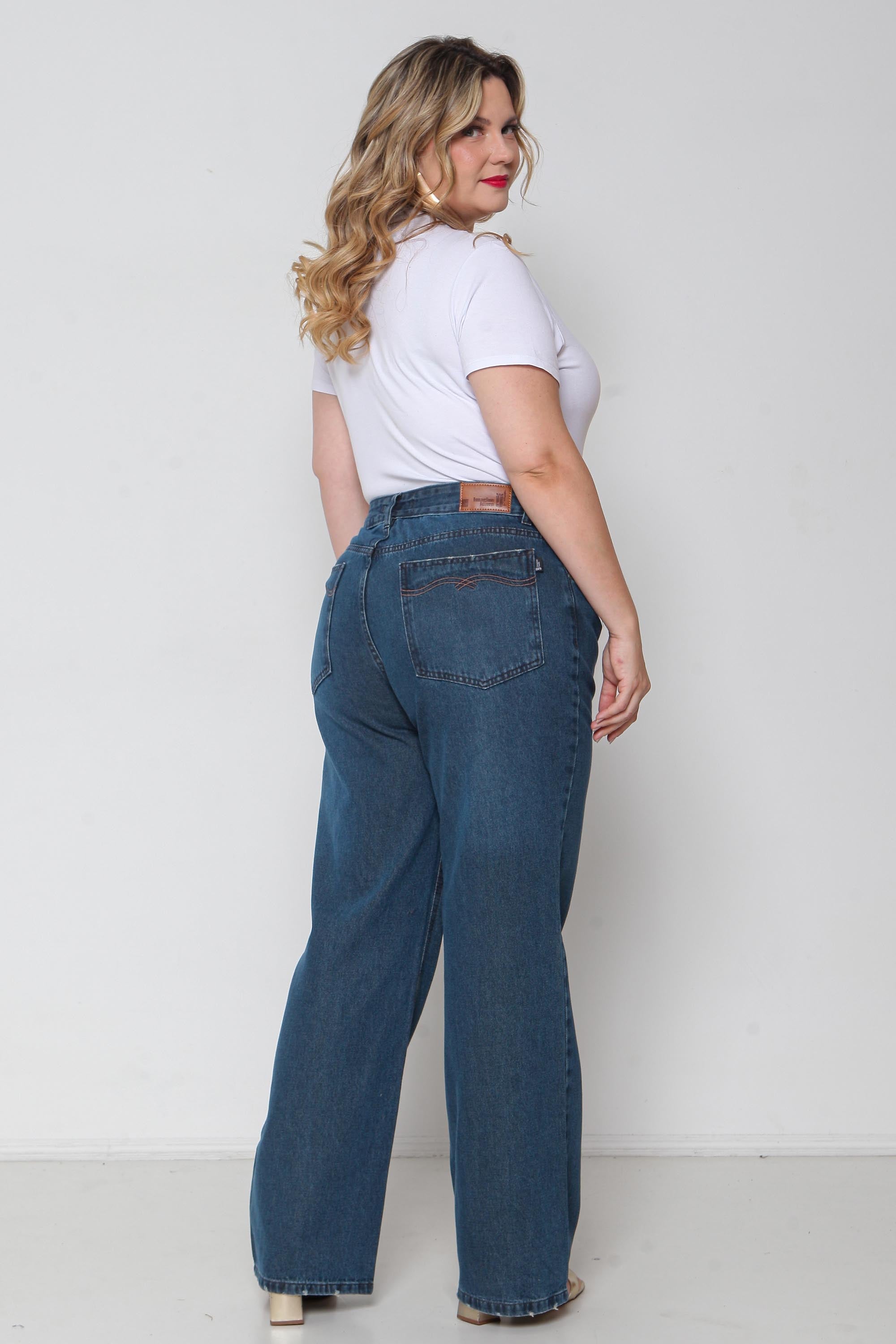 Calça Feminina Jeans Wide Leg Sequinha sem Lycra