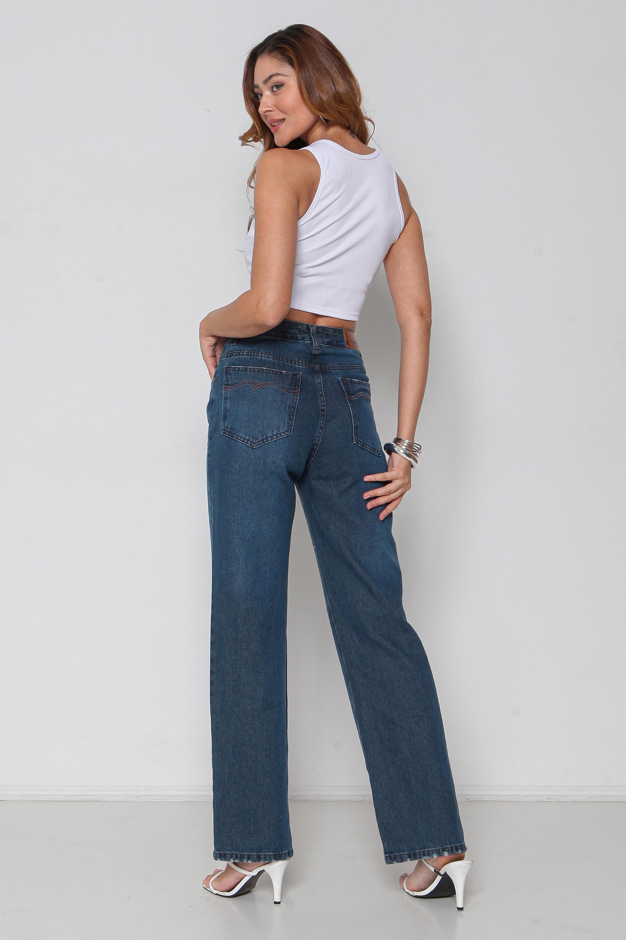 Calça Feminina Jeans Wide Leg Sequinha sem Lycra