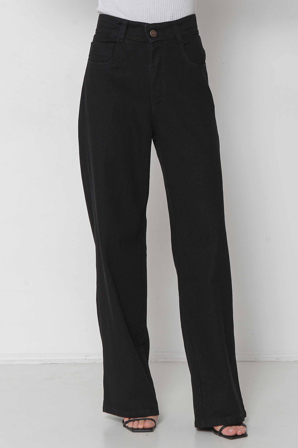 Calça Feminina Jeans Wide Leg Preta com Elástico Cós