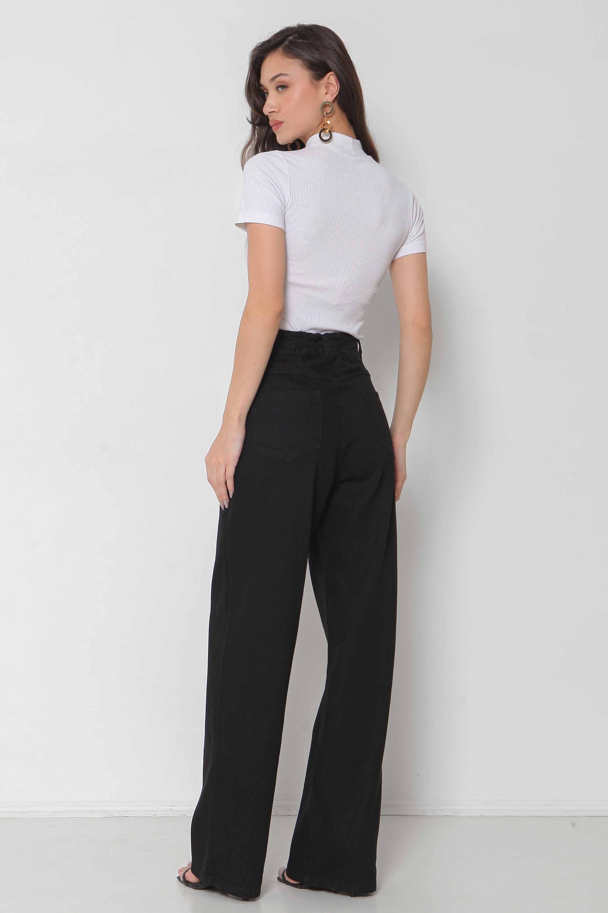 Calça Feminina Jeans Wide Leg Preta com Elástico Cós