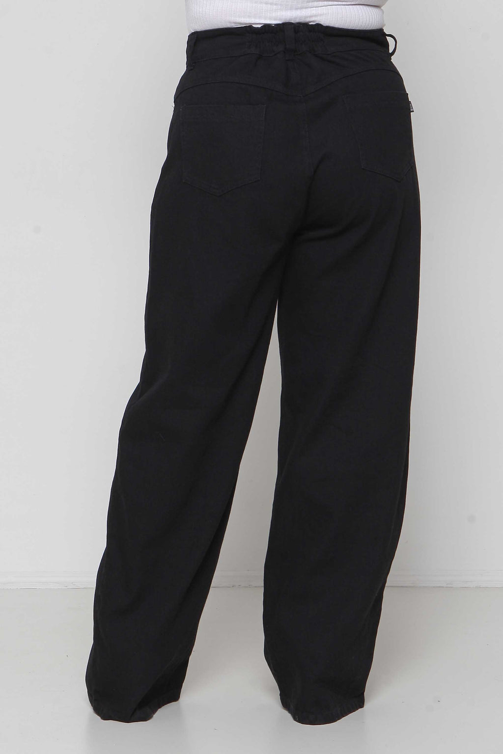 Calça Feminina Jeans Wide Leg Preta com Elástico Cós