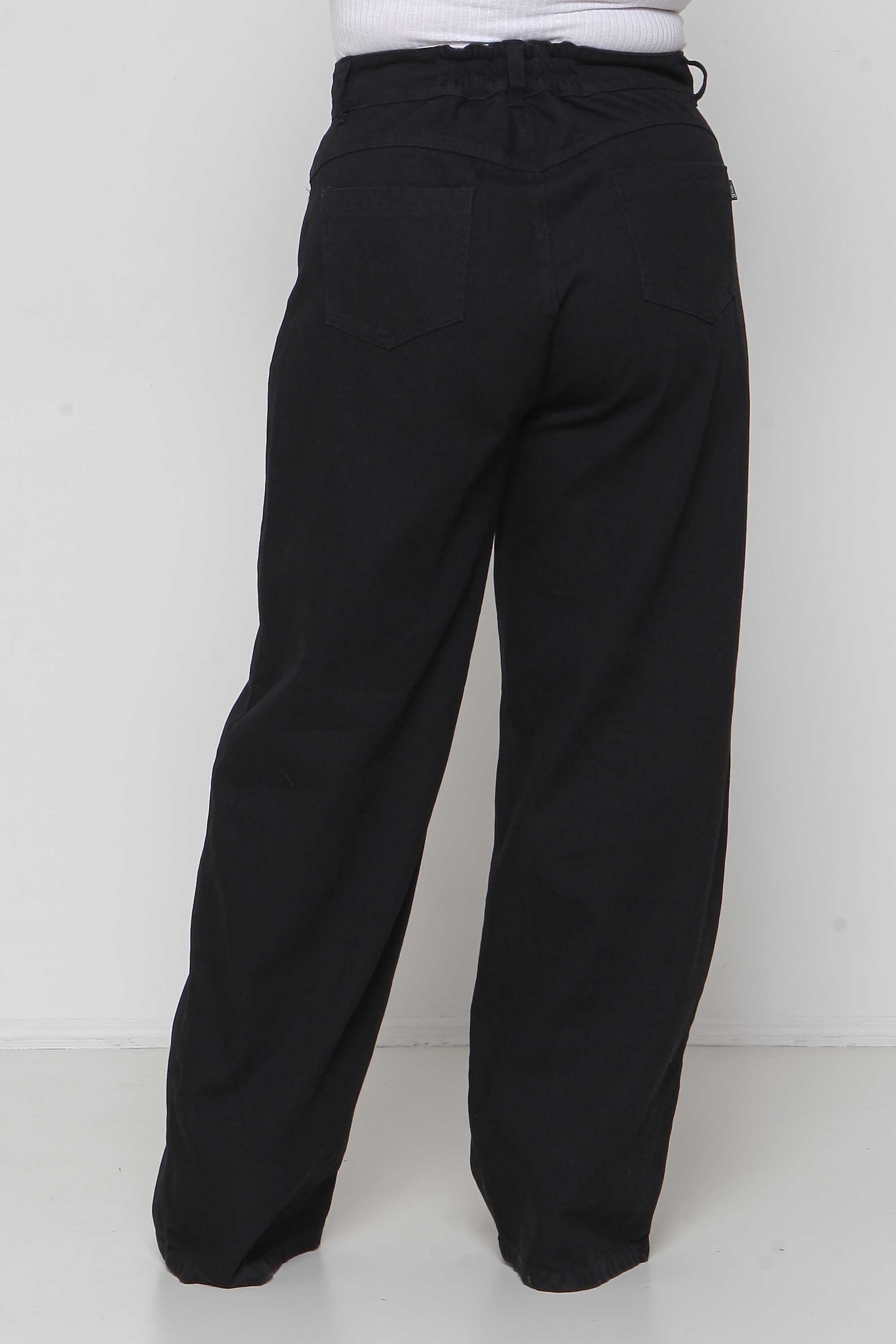 Calça Feminina Jeans Wide Leg Preta com Elástico Cós