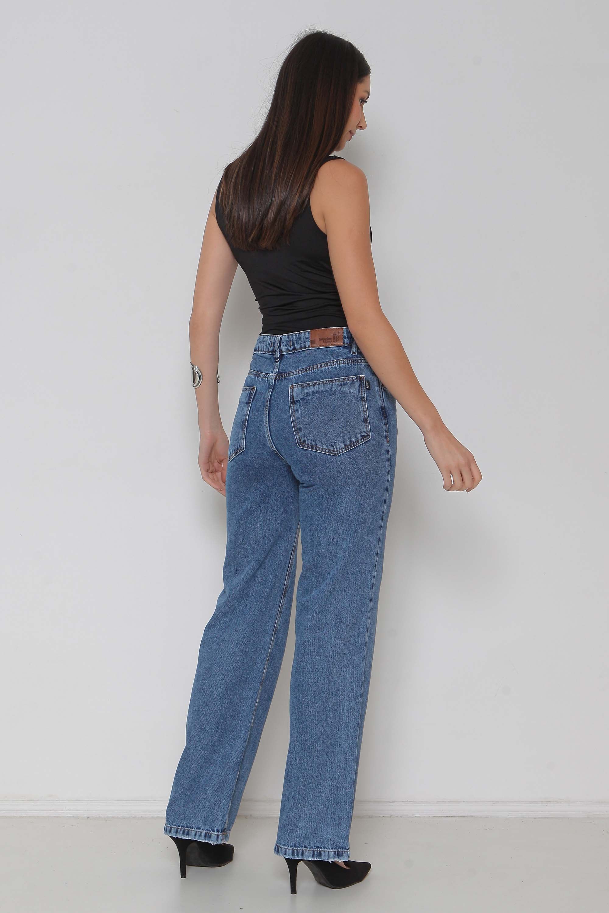 Calça Feminina Jeans Wide Leg "Sequinha" sem Elastano