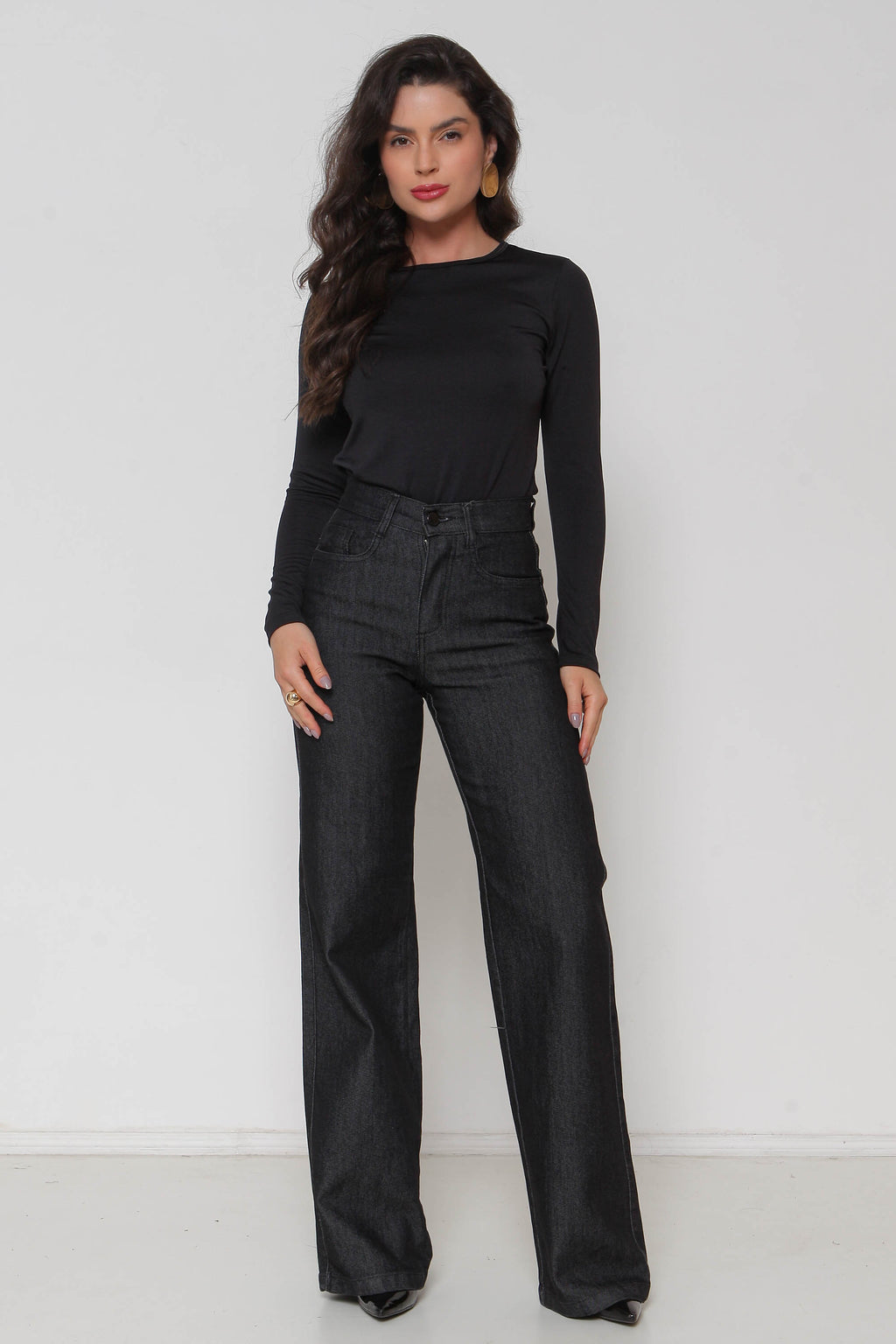 Calça Feminina Jeans Wide Leg Preta com Lycra
