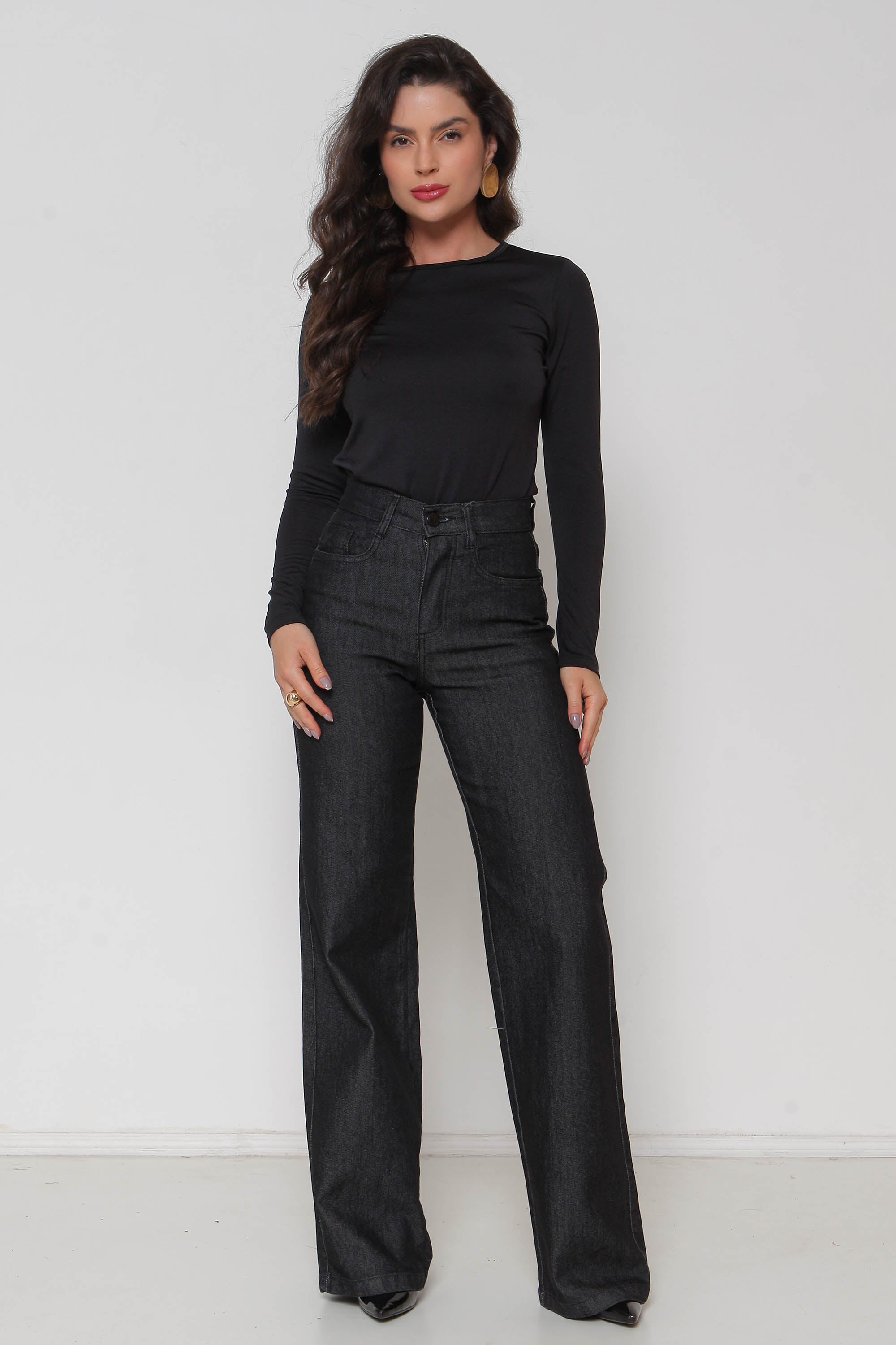 Calça Feminina Jeans Wide Leg Preta com Lycra