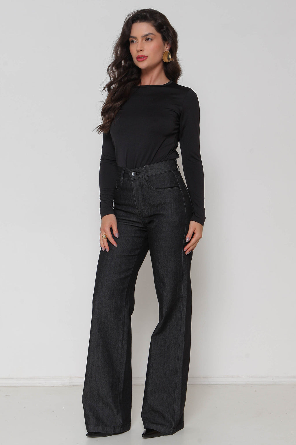 Calça Feminina Jeans Wide Leg Preta com Lycra