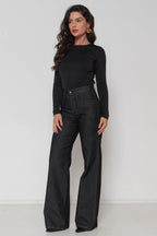 Calça Feminina Jeans Wide Leg Preta com Lycra