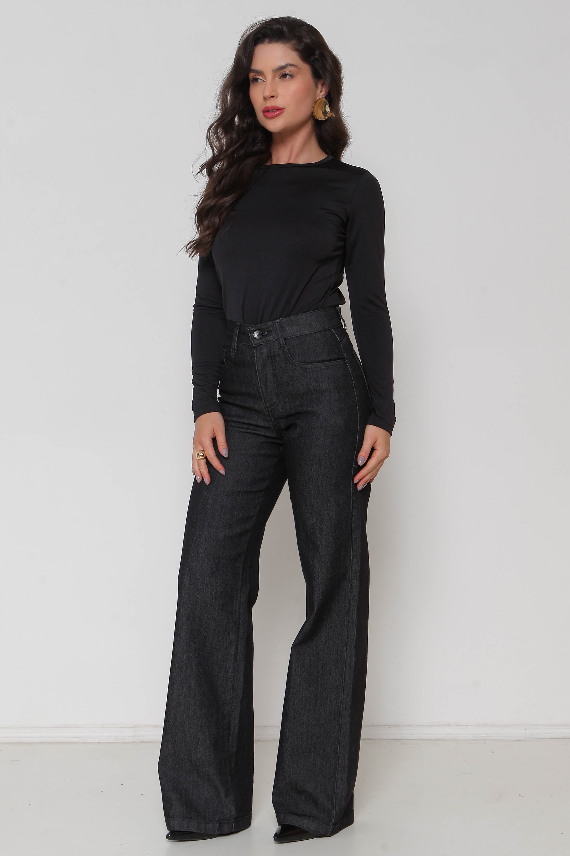 Calça Feminina Jeans Wide Leg Preta com Lycra