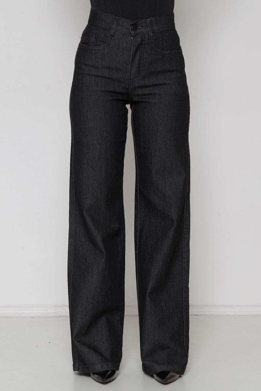 Calça Feminina Jeans Wide Leg Preta com Lycra