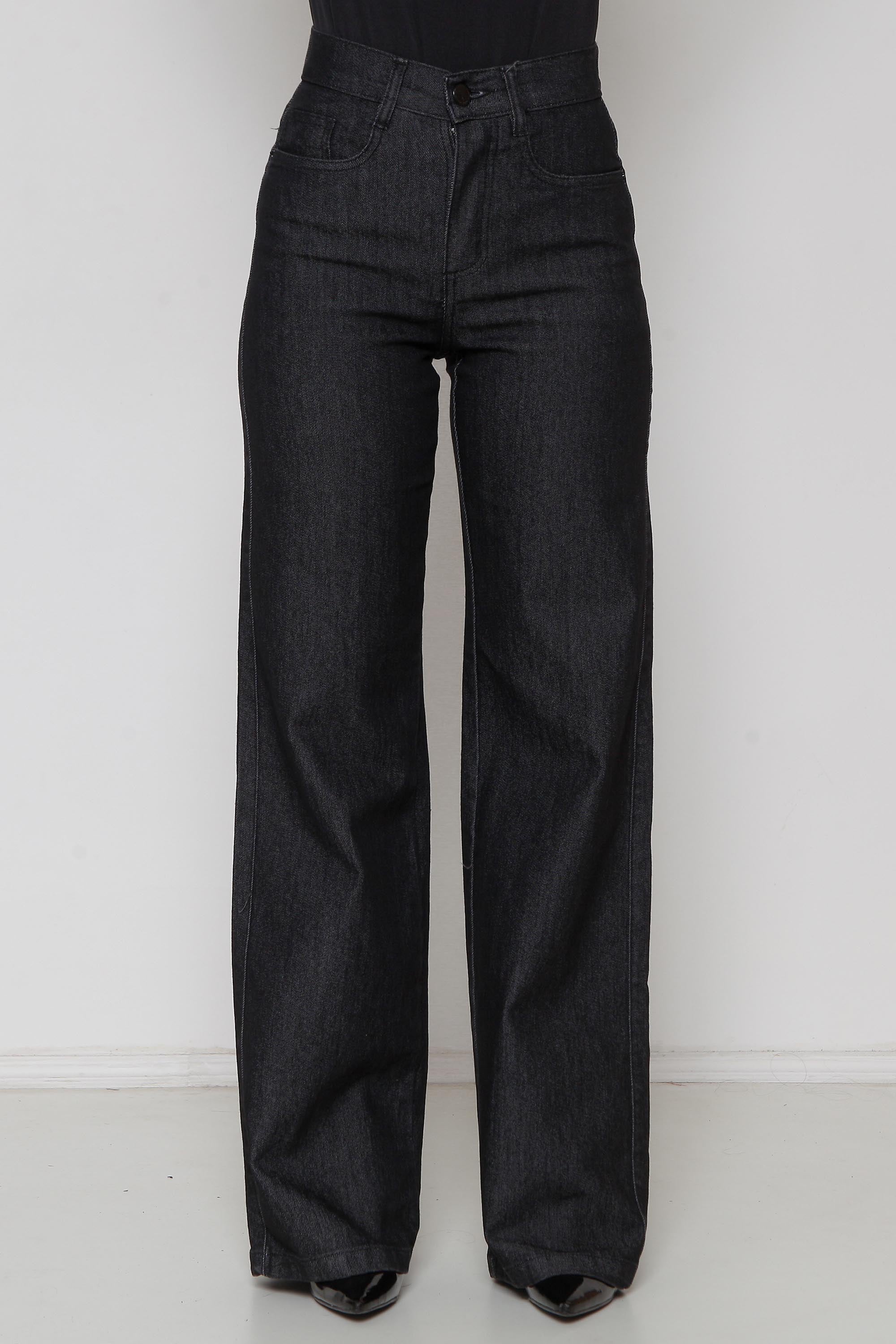Calça Feminina Jeans Wide Leg Preta com Lycra