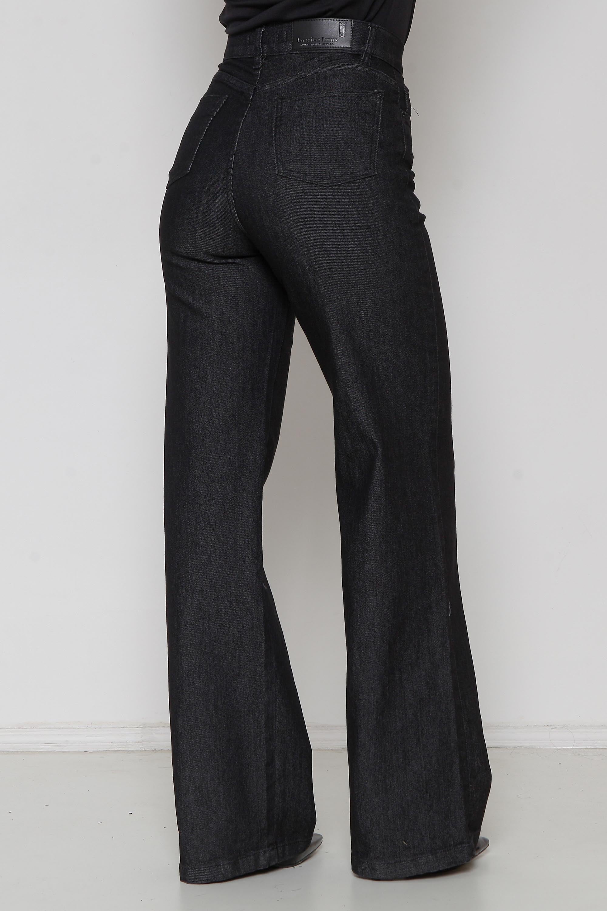 Calça Feminina Jeans Wide Leg Preta com Lycra