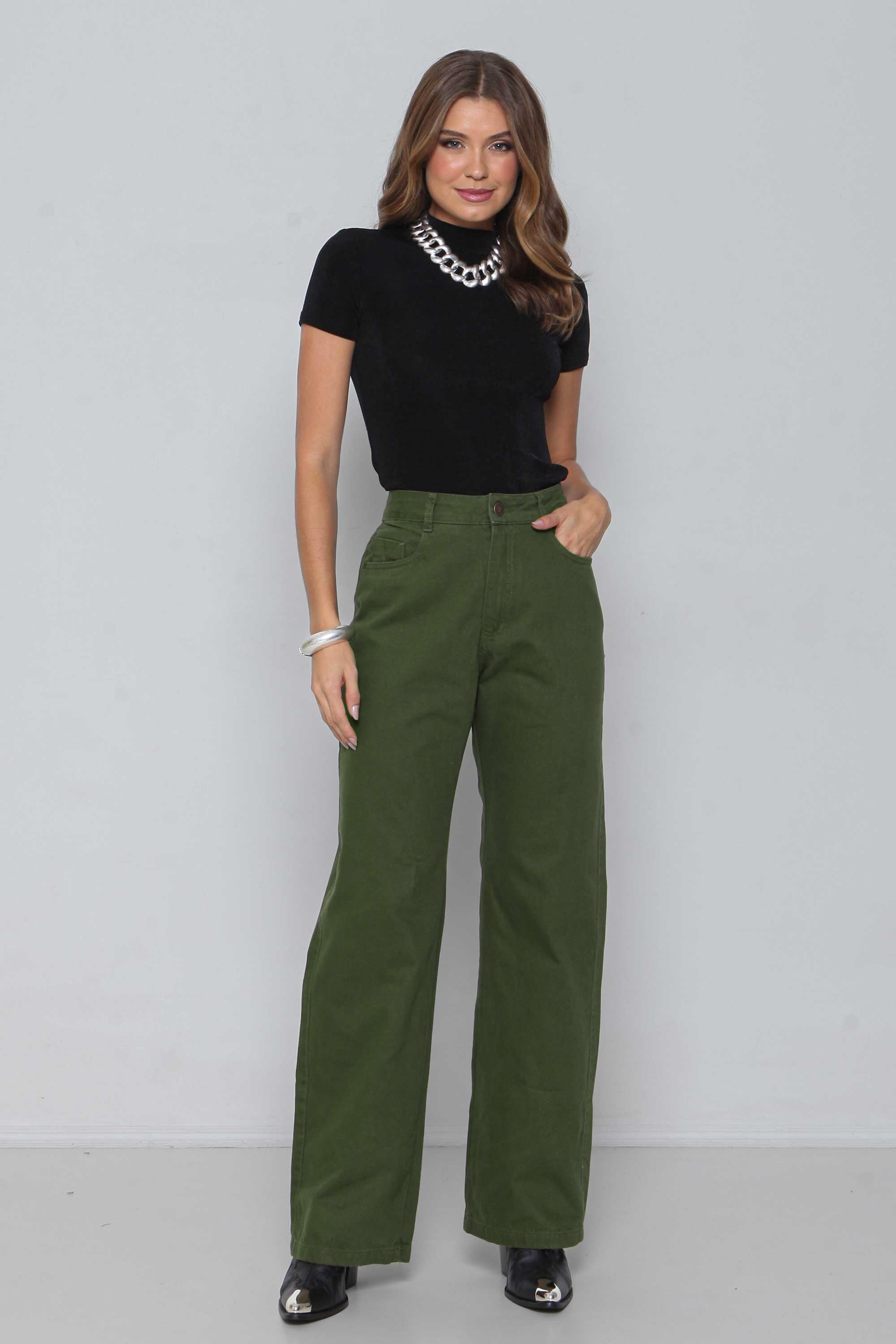 Calça Sarja Feminina Wide Leg Colorida