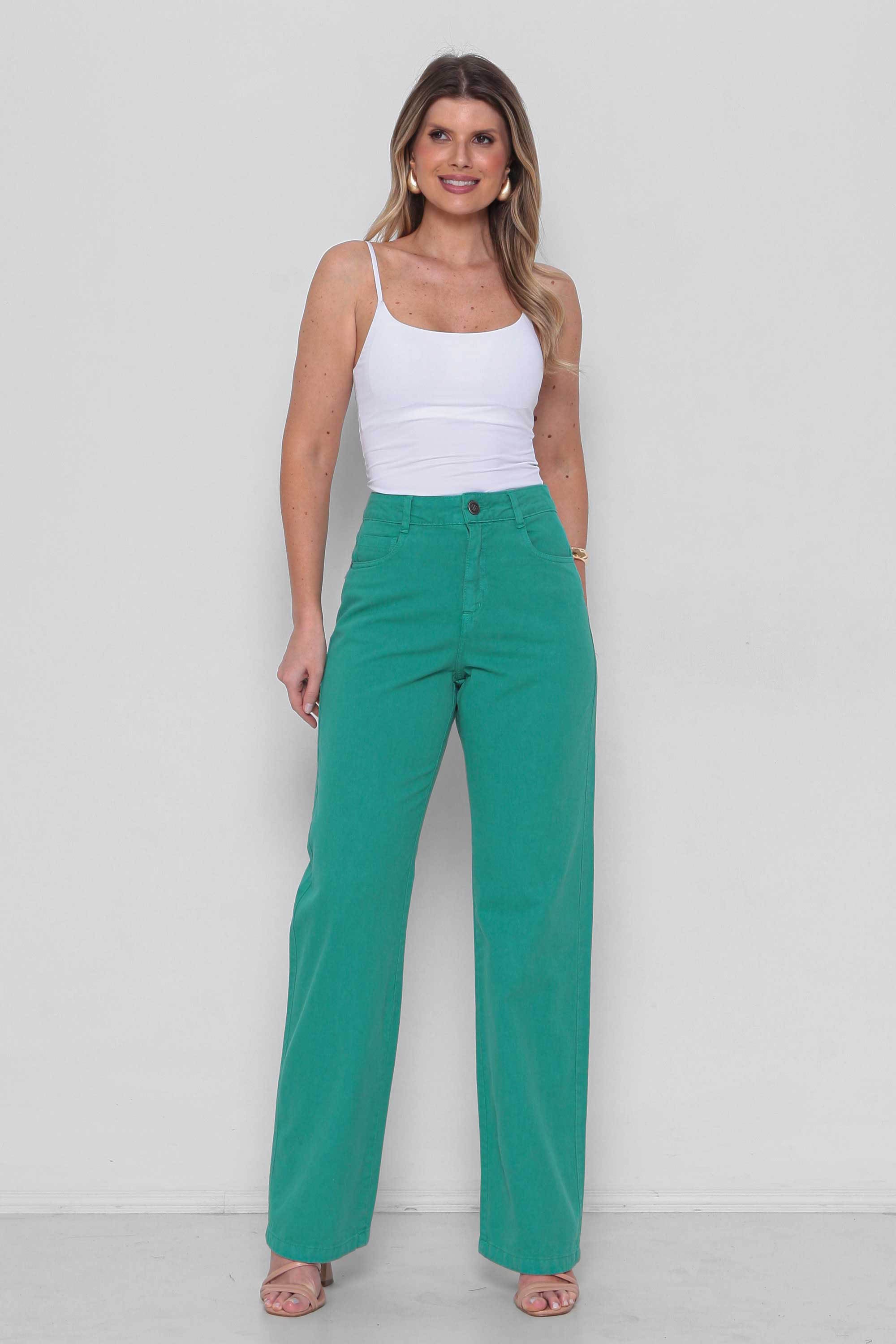 Calça Sarja Feminina Wide Leg Colorida