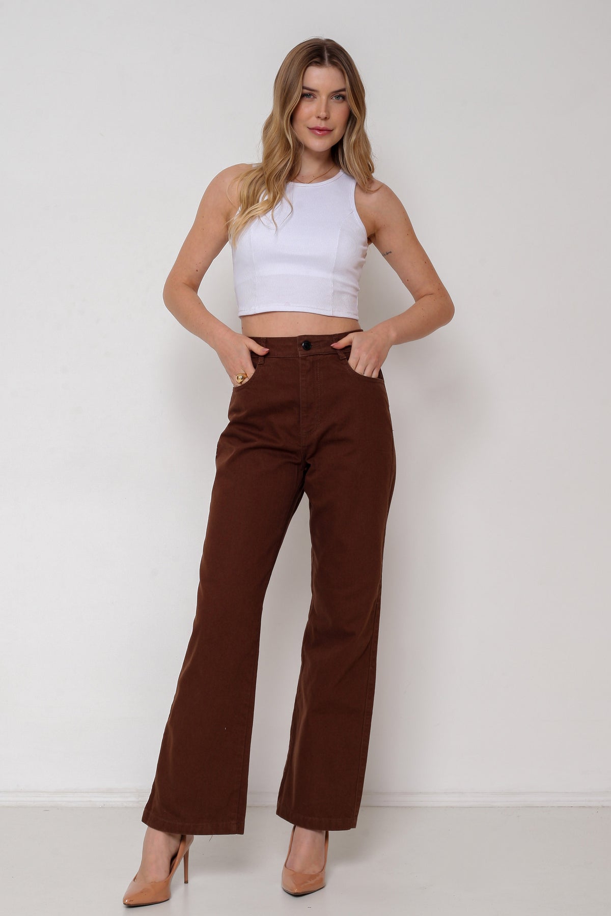 Calça Sarja Feminina Wide Leg Colorida sem Elastano