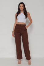 Calça Sarja Feminina Wide Leg Cargo Colorida