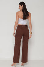Calça Sarja Feminina Wide Leg Cargo Colorida