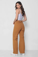 Calça Feminina Sarja Wide Leg com Cinto Cáqui Padrão a Plus Size