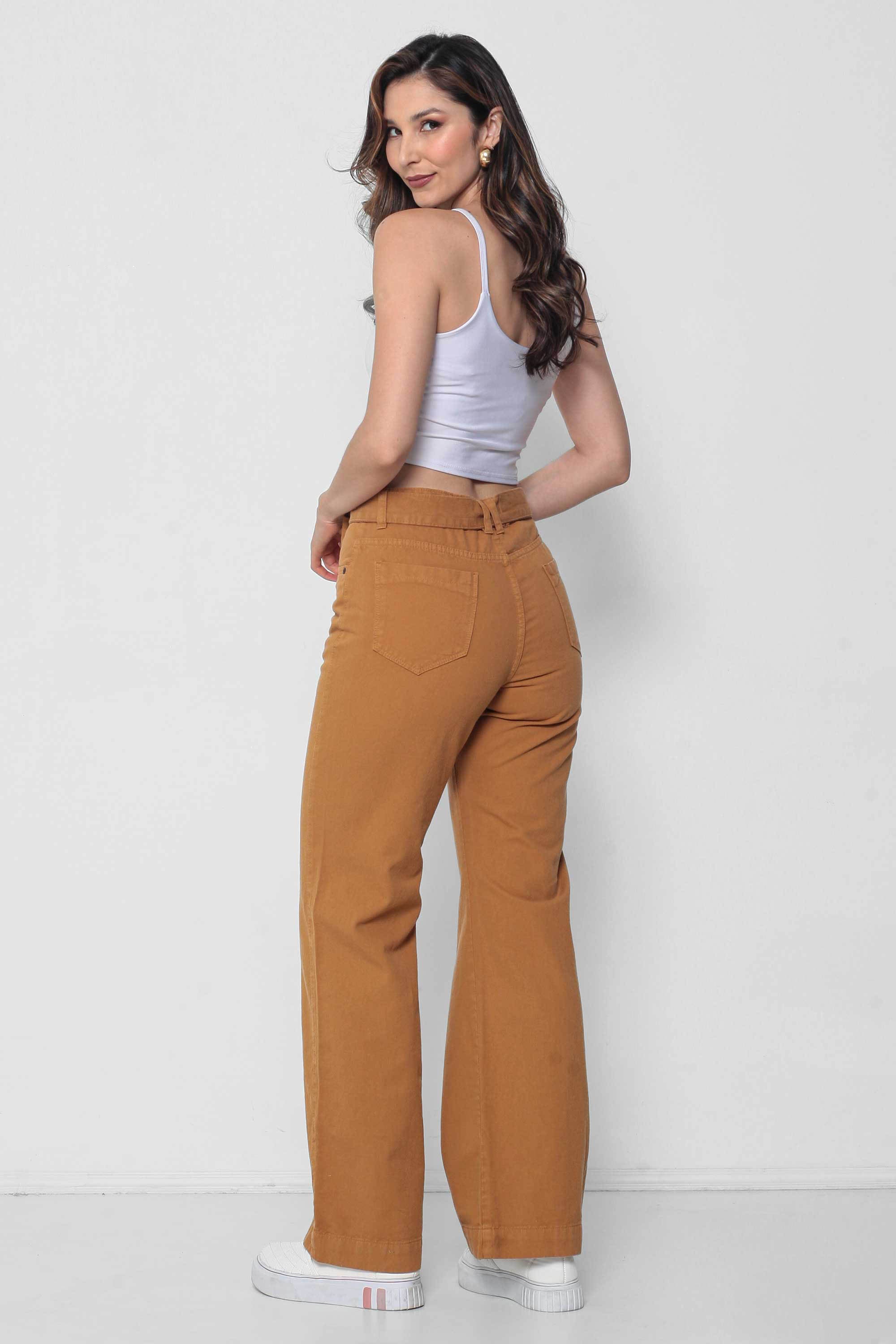 Calça Feminina Sarja Wide Leg com Cinto Cáqui Padrão a Plus Size
