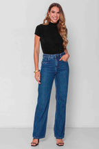 Calça Feminina Jeans Wide Leg "Sequinha" sem Elastano