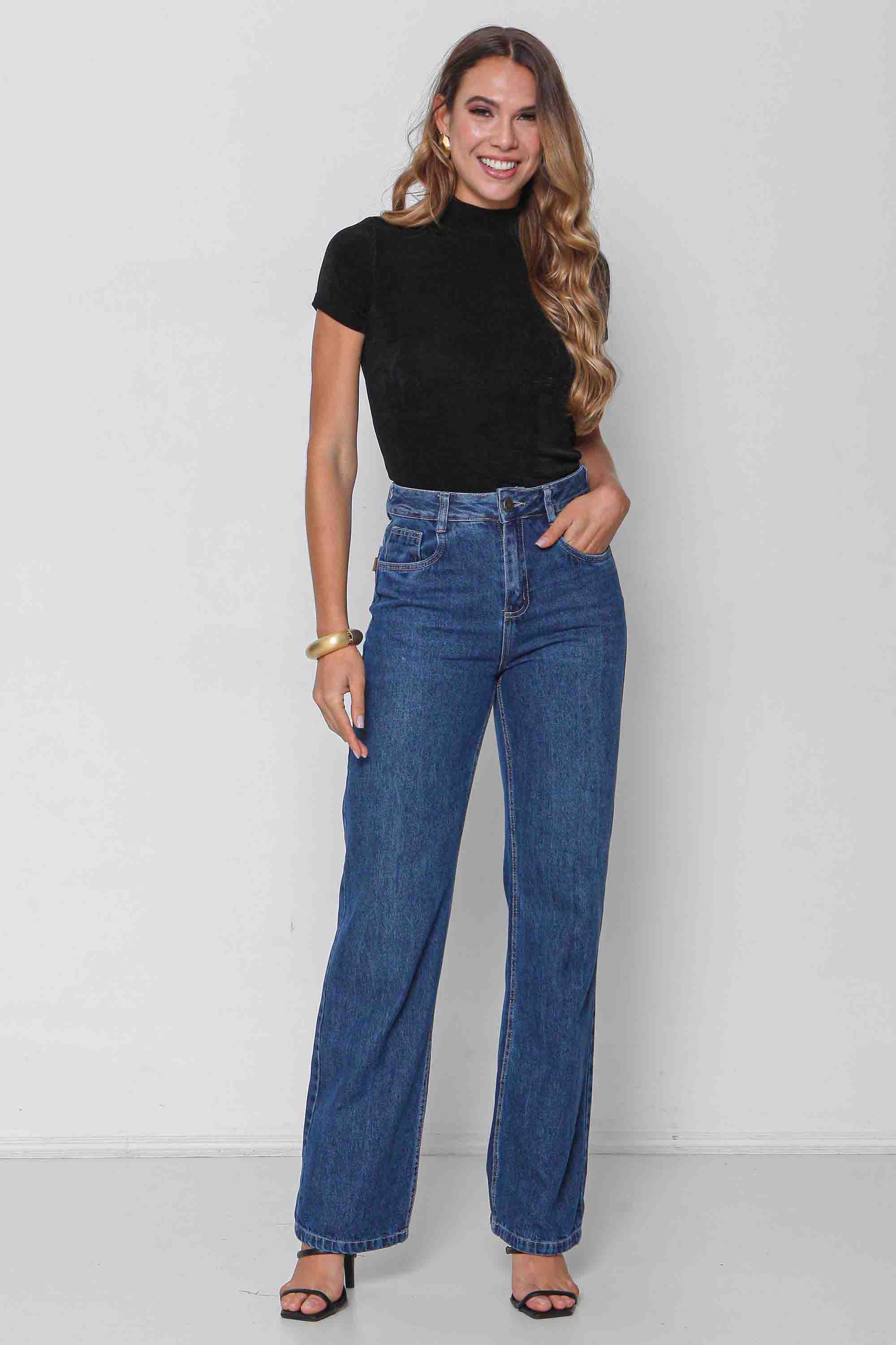 Calça Feminina Jeans Wide Leg "Sequinha" sem Elastano