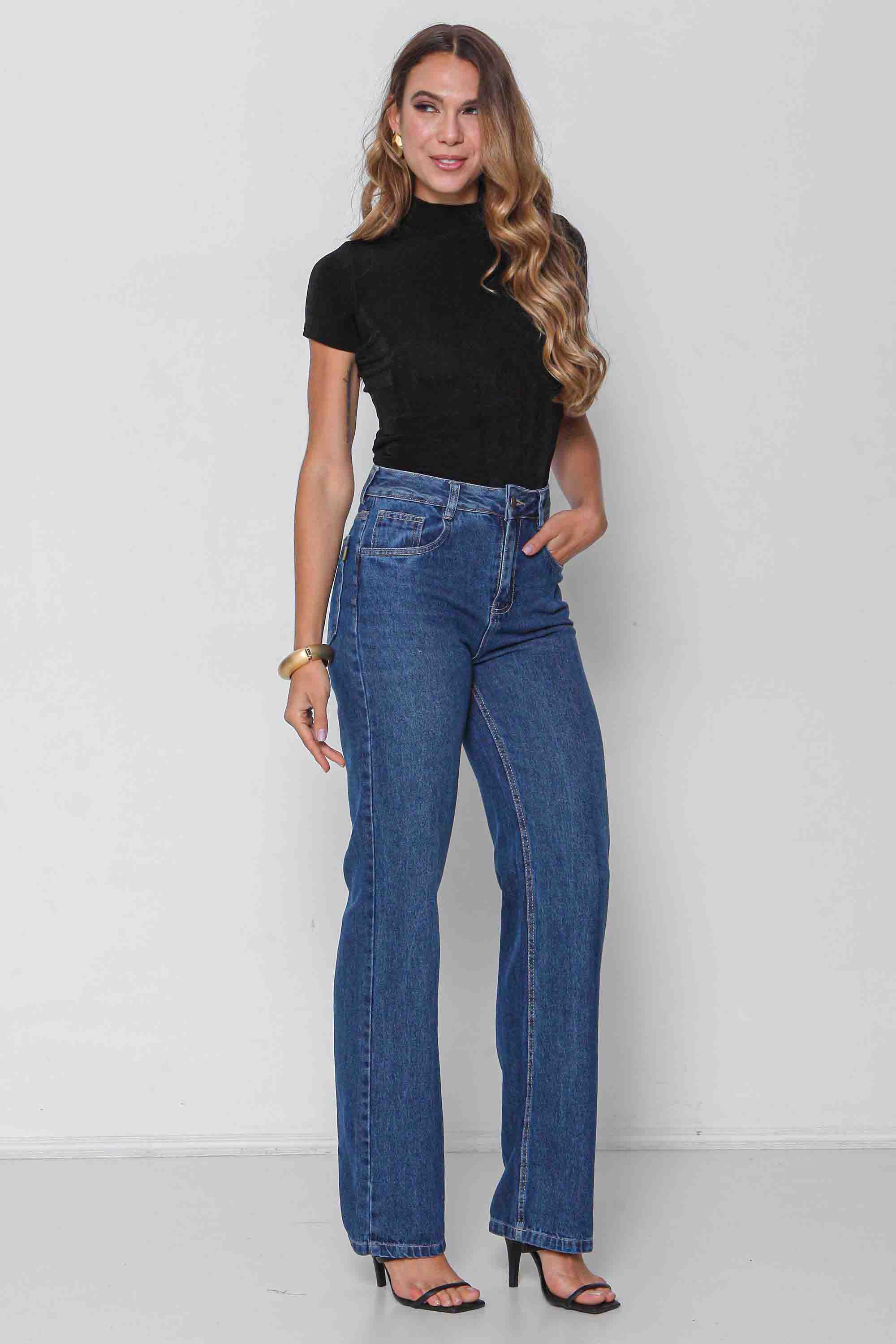 Calça Feminina Jeans Wide Leg "Sequinha" sem Elastano