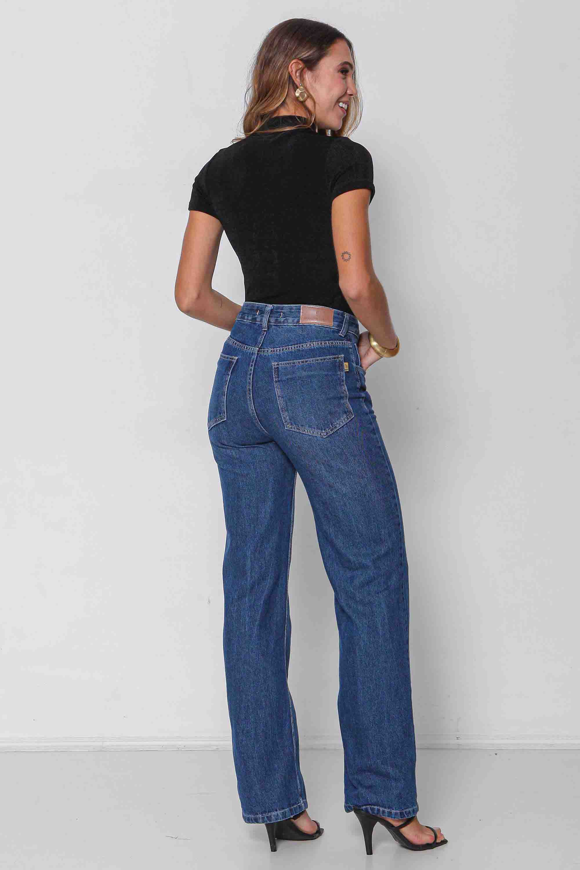 Calça Feminina Jeans Wide Leg "Sequinha" sem Elastano
