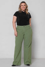 Calça Feminina Sarja Wide Leg Padrão a Plus Verde