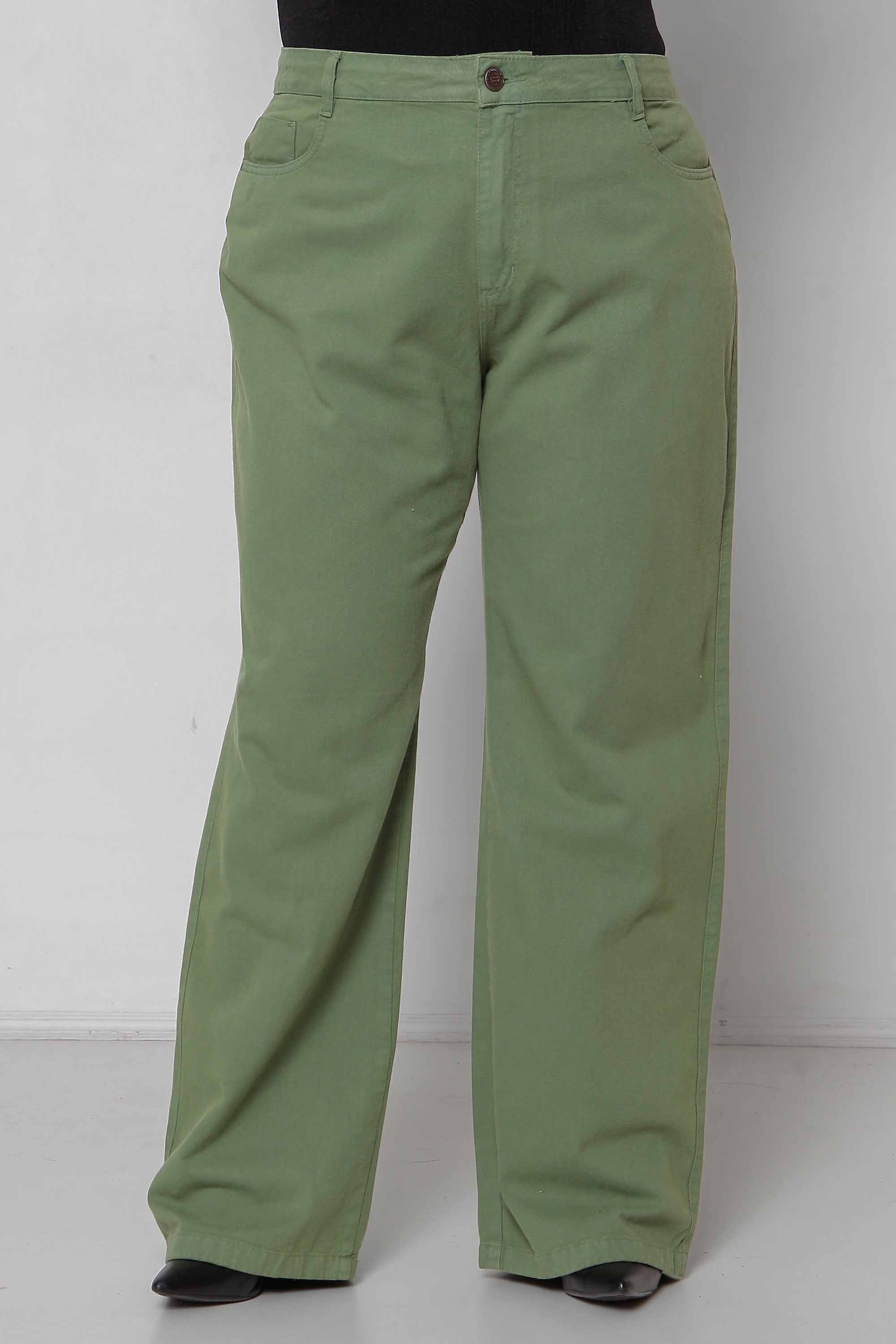 Calça Feminina Sarja Wide Leg Padrão a Plus Verde