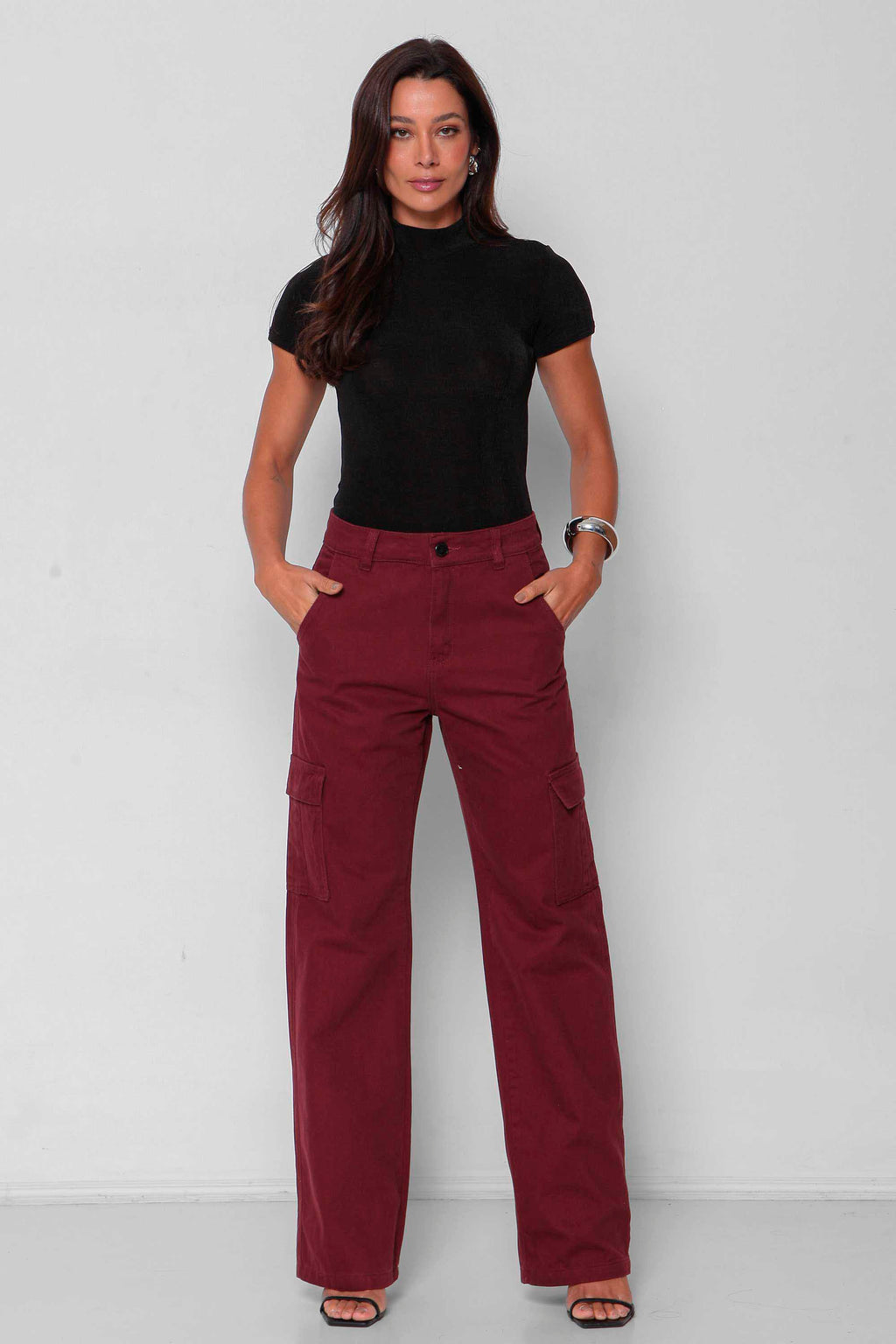 Calça Sarja Feminina Wide Leg Cargo Colorida