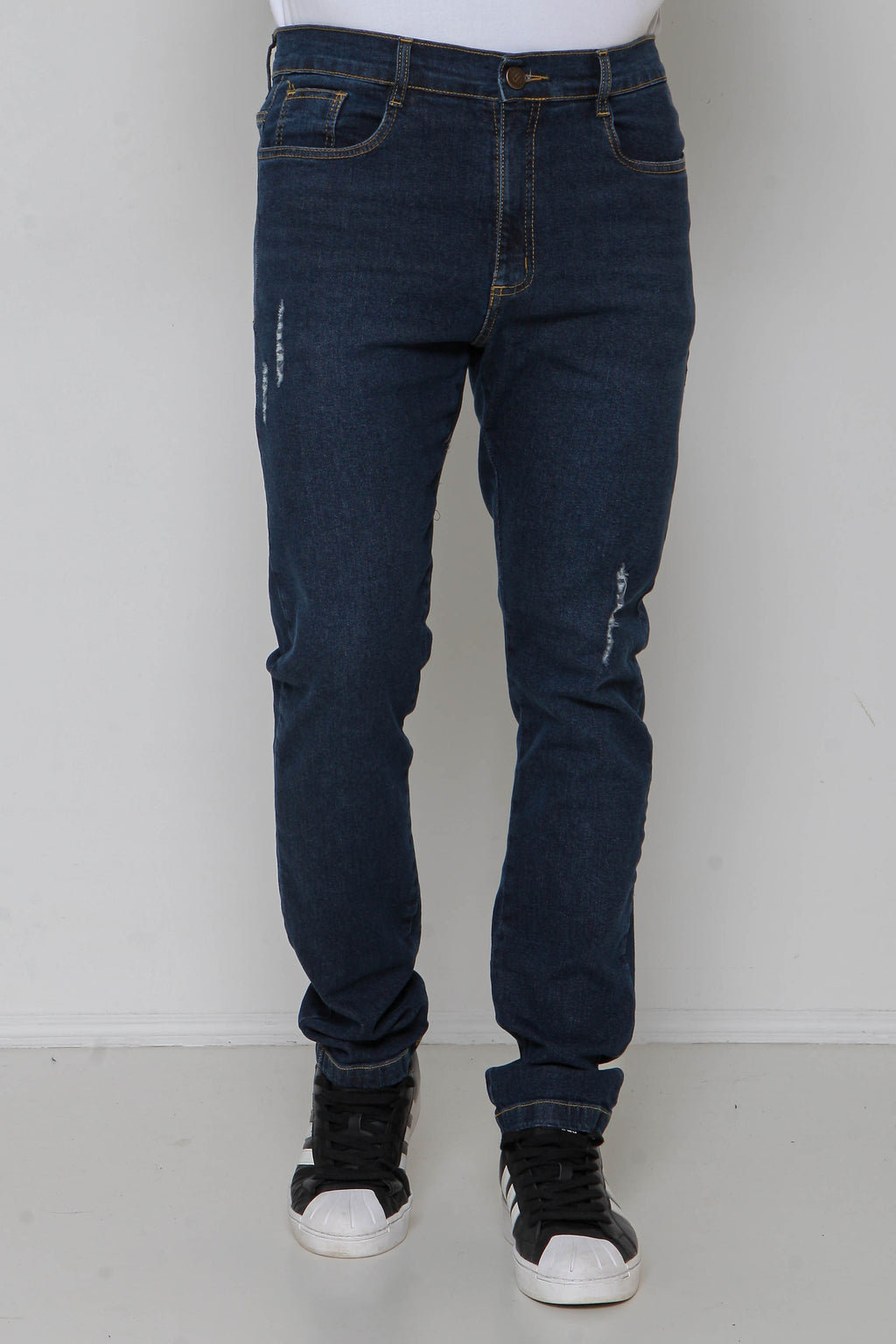 Calça Jeans Masculina Skinny Escura com Puídos